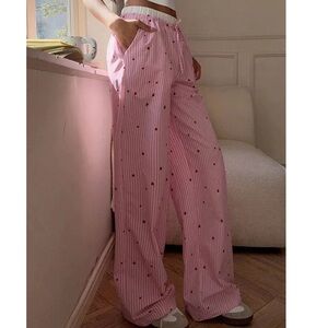 Pink Heart Print Lounge Pants Elastic Waist Cozy Cute Pajama Style Size S